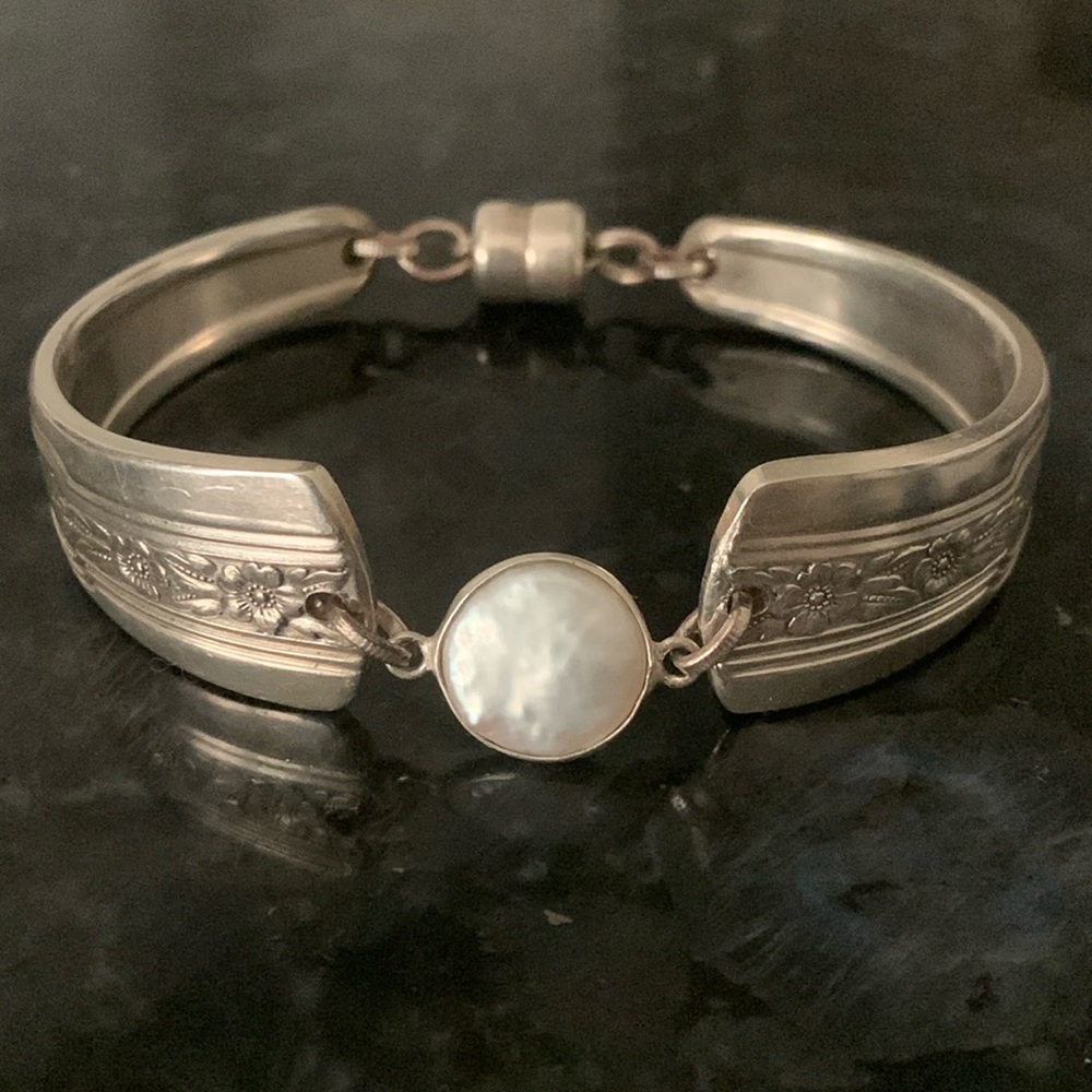 Vintage Silverware Bracelet with magnetic clasp and White Stone